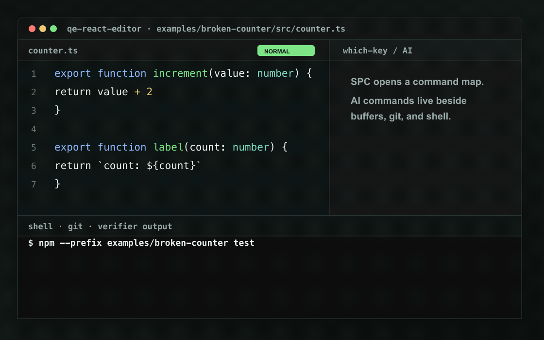 Animated CodeClaws demo showing a modal buffer, leader-key AI commands, a failed shell test, a CodeClaw fix proposal, and a saved trace.